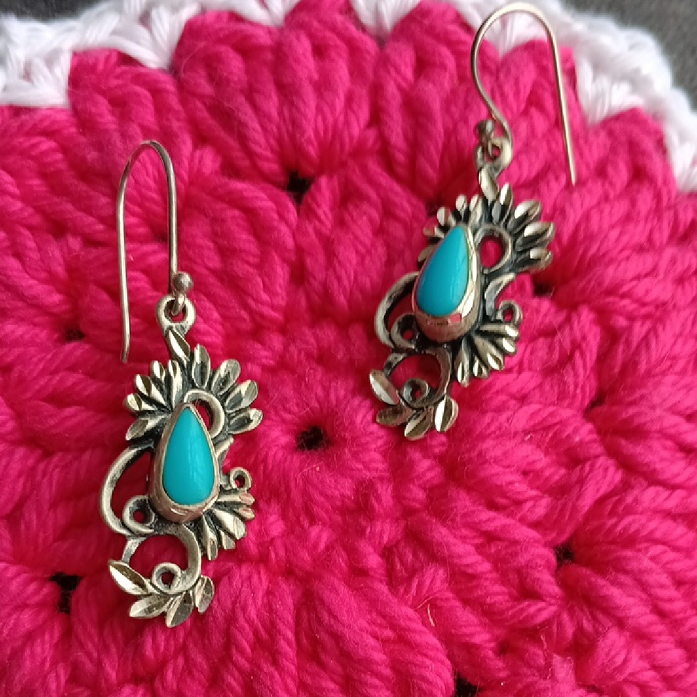 Turquoise and Sterling Silver Floral Drop Earrings